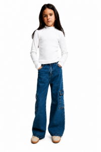 Calça Jeans Wide Leg Cargo Infantil Menina Hering Kids Azul com bolsos laterais